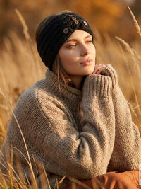 Hand-Knit Black Wool Headband with Buttons - Cozy Ear Warmer for Women