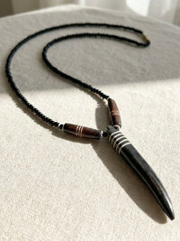 Brown Bone Tooth Pendant on Beaded Chain