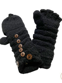 Hand-Knit Black Wool Mittens with Wooden Buttons - Convertible Fingerless Gloves