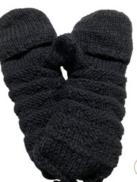 Hand-Knit Black Wool Mittens with Wooden Buttons - Convertible Fingerless Gloves