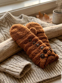 Hand-Knit Orange Wool Mittens with Wooden Buttons - Convertible Fingerless Gloves