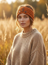 Hand-Knit Orange Wool Headband with Buttons - Cozy Ear Warmer for Women
