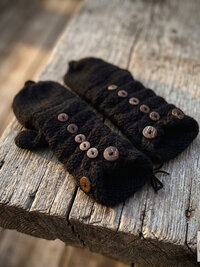 Hand-Knit Black Wool Mittens with Wooden Buttons - Convertible Fingerless Gloves
