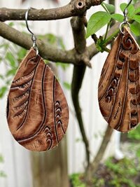 Hand Tooled Brown Leather Teardrop Earrings, Floral Embossed Genuine Leather Western Dangles