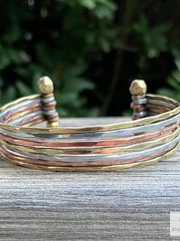 Thin Hammered Mixed Metal Cuff Bracelet - Handcrafted Stacking Bangle