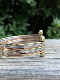Thin Hammered Mixed Metal Cuff Bracelet - Handcrafted Stacking Bangle