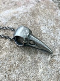 Gothic Silver Crow Skull Necklace, Antique Raven Head Pendant