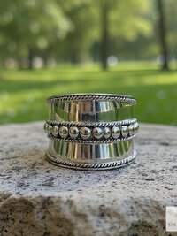 Sterling Silver Wide Band Ring, Boho Dot Detail, Handmade
