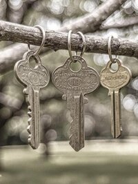 Antique Brass Key Necklace, 1920s Repurposed Pendant, Gunmetal Ball Jewelry
