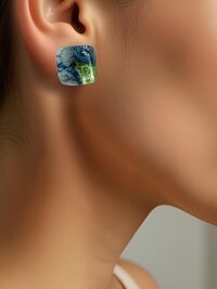 Fused Blue Dichroic Glass Stud Earrings, Square Ocean Post Jewelry, Stainless Steel Minimalist Posts