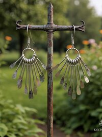 Boho Silver Plated Fringe Paddle Earrings, Sterling Silver Wires, Artisan Chandelier Dangles