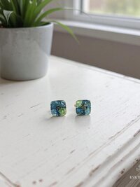Fused Blue Dichroic Glass Stud Earrings, Square Ocean Post Jewelry, Stainless Steel Minimalist Posts