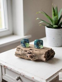 Fused Blue Dichroic Glass Stud Earrings, Square Ocean Post Jewelry, Stainless Steel Minimalist Posts