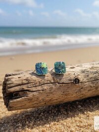 Fused Blue Dichroic Glass Stud Earrings, Square Ocean Post Jewelry, Stainless Steel Minimalist Posts