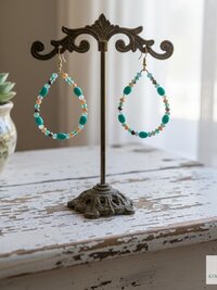 Boho Teardrop Earrings with Turquoise Beads - Antique Gold Dangle Jewelry