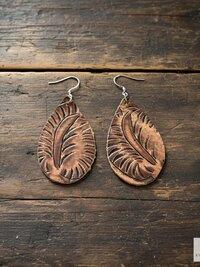 Hand Tooled Brown Leather Teardrop Earrings, Floral Embossed Genuine Leather Western Dangles