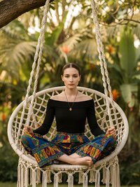 A woman sits cross-legged on a hanging macrame chair in a lush garden, wearing a black off-shoulder top and colorful patterned pants, and gold face pendant/necklace, looking calm and serene. The background is filled with green foliage.