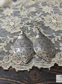 Silver Hammered Tribal Earrings - Geometric Ethnic Drop Earrings