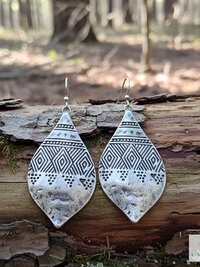 Silver Hammered Tribal Earrings - Geometric Ethnic Drop Earrings