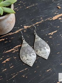 Silver Hammered Tribal Earrings - Geometric Ethnic Drop Earrings