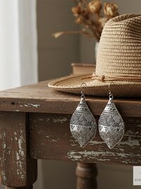 Silver Hammered Tribal Earrings - Geometric Ethnic Drop Earrings