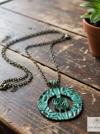 Brass Patina Circle Necklace, Boho Verdigris Pendant, Tribal Green Bronze Statement