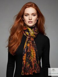 A woman with long red hair wearing a black sweater and a colorful patterned scarf poses against a gray background.
