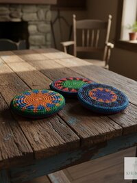 Three colorful, round crocheted coin purses sit on a rustic wooden table in a cozy room with a stone fireplace, wooden chair, and sunny window. The crocheted coin purses have vibrant patterns and the room has a warm, inviting atmosphere.