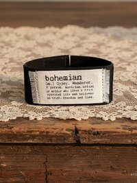 Black Suede Boho Cuff Bracelet - Cotton Fabric, Vintage Crochet, Button Closure