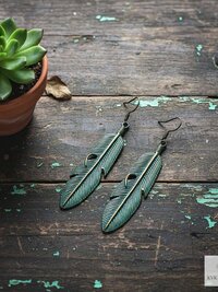 Patina Feather Earrings - Boho Statement Jewelry