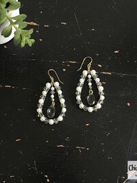 Silver Jet and Pearl Swarovski Crystal Pear Earrings