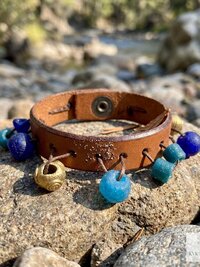 Handcrafted Boho Leather Cuff with Brass and Glass Beads - Hippie Fashion, Bohemian Jewelry