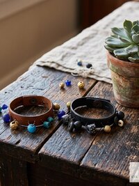 Handcrafted Boho Leather Cuff with Brass and Glass Beads - Hippie Fashion, Bohemian Jewelry