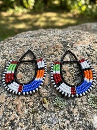 Maasai Beaded Dangle Earrings, Colorful Geometric African Drops, Stainless Steel Hook Jewelry