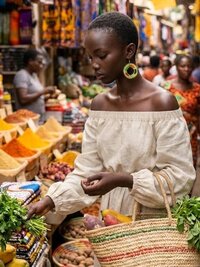 A woman in an off-shoulder dress and colorful beaded earrings featuring circular designs in black, yellow, orange, green, and white shops for fresh herbs at a busy, colorful market filled with spices, vegetables, and other produce. She holds a woven basket. Other shoppers and vendors are visible in the background.
