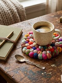 Colorful Wool Felt Ball Trivet, Boho Kitchen Hot Pad, Handwoven Table Pot Holder