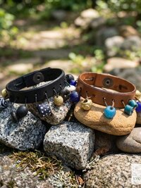 Handcrafted Boho Leather Cuff with Brass and Glass Beads - Hippie Fashion, Bohemian Jewelry