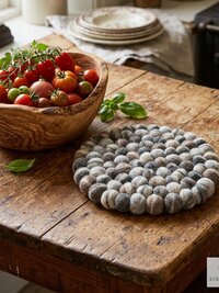 Mixed Gray Wool Felt Ball Trivet, Boho Kitchen Hot Pad, Coaster Table Pot Holder