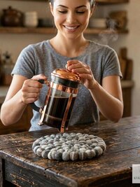 Mixed Gray Wool Felt Ball Trivet, Boho Kitchen Hot Pad, Coaster Table Pot Holder