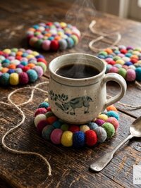 Colorful Wool Felt Ball Coaster Set, Handmade Drink Mug Rug, Eco Cup Mat