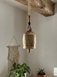 Handmade Etched Copper Bell Jute Cord Artisan Boho Wall Hanging