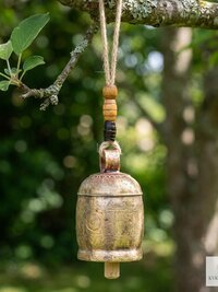 Handmade Etched Copper Bell Jute Cord Artisan Boho Wall Hanging