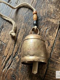 Handmade Etched Copper Bell Jute Cord Artisan Boho Wall Hanging