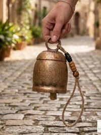 Handmade Etched Copper Bell Jute Cord Artisan Boho Wall Hanging