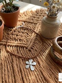 Silver Boho Flower Choker Necklace, Brown Suede Botanical Pendant