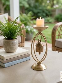 Zen Bell Votive Candle Holder - Artisan Metal Chime Altar Display Stand, 6.5 Inch