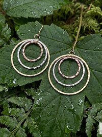 Mixed Metal Dangle Earrings - Hammered Tri Color Nested Hoops, Three Tone Circle Drops