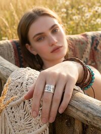Silver-Plated Brass Cat Tree Face Ring, Rustic Boho Adjustable Statement Jewelry