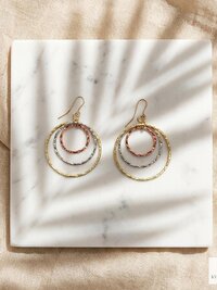 Mixed Metal Dangle Earrings - Hammered Tri Color Nested Hoops, Three Tone Circle Drops