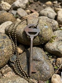 Antique Skeleton Key Necklace YARDLEY, Iron Trunk Pendant, Brass Ball Jewelry